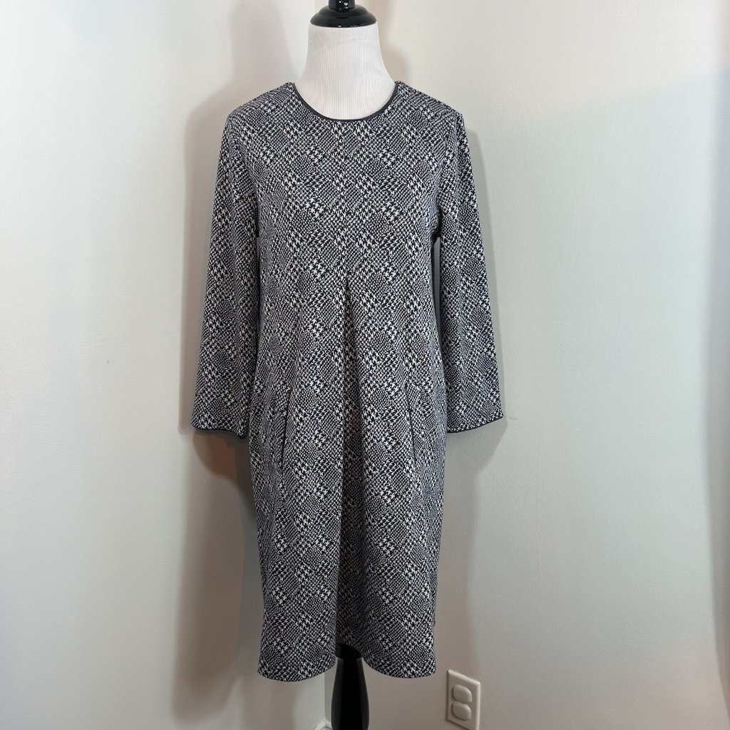 Tyler Boe Dress Size S Womens Gray 3/4 Sleeve Pleat Houndstooth Knit Pockets